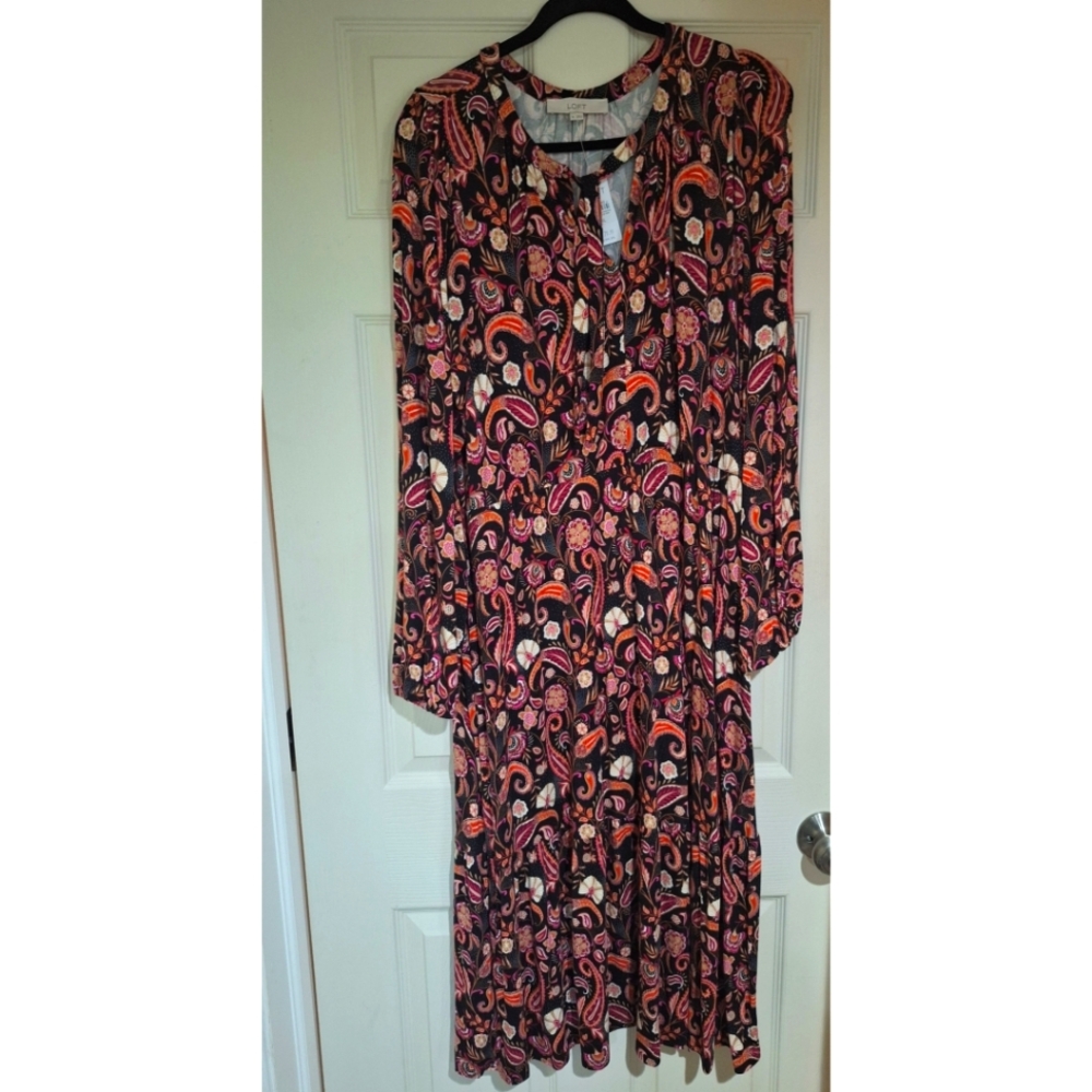 Loft Paisley Tiered Tie Neck Midi Dress